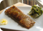 potato wrapped cod with lemon aioli and grilled asparagus and zucchini salad